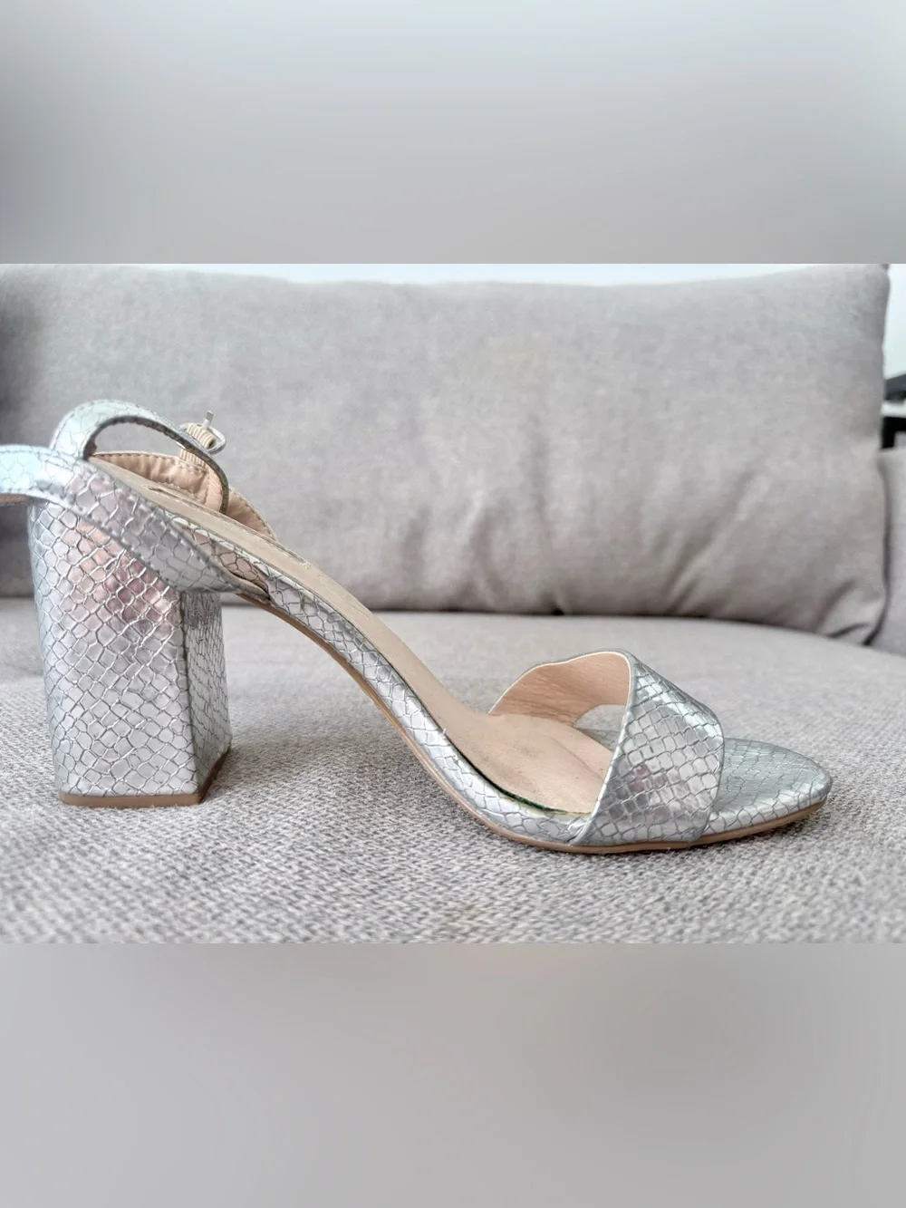 Primark Silver Snake Print Block Heel Sandals Women’s US 8 EU 39 Ankle Strap